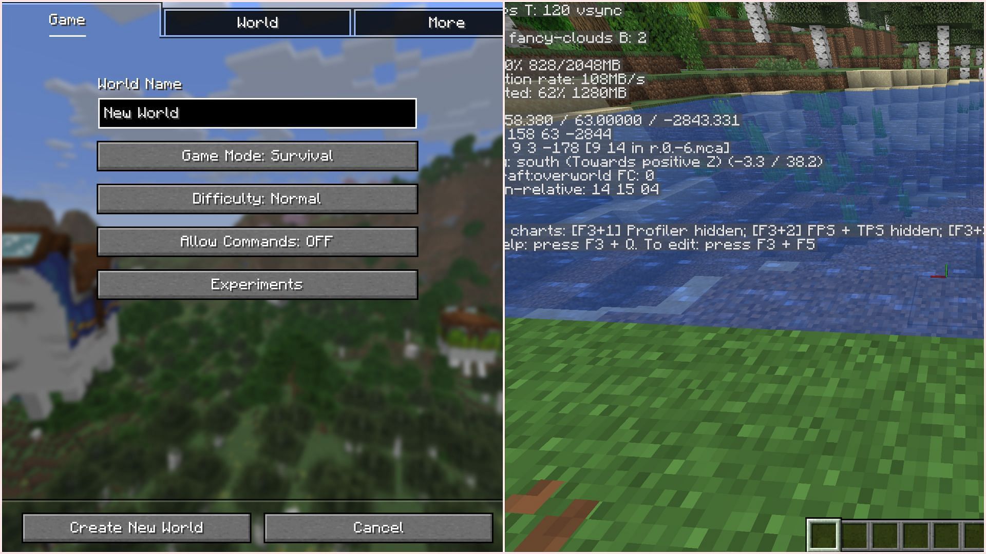 Create a new world and press the F3 button (Image via Sportskeeda Gaming || Mojang Studios)